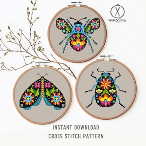 Floral Beetle Cross Stitch Pattern, Mexican Embroidery, Insect Design, Easy Home Decor (Digital Download)