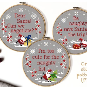 Set of 3 Christmas Santa Modern Cross Stitch Pattern, quote, instant download pdf