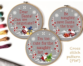 Set of 3 Christmas Santa Modern Cross Stitch Pattern, quote, instant download pdf