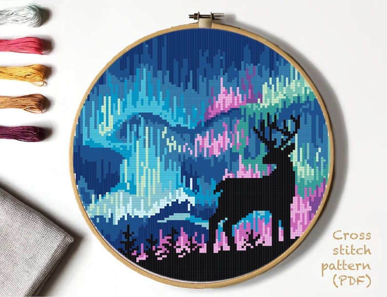 Northern Lights Modern Cross Stitch Pattern deer nature easy | Etsy