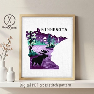 Minnesota Moose Cross Stitch Pattern, State Landscape, DIY Needlepoint, Modern Embroidery (PDF Download