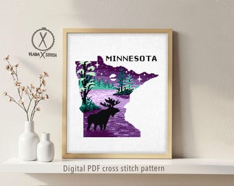 Minnesota Moose Cross Stitch Pattern, State Landscape, DIY Needlepoint, Modern Embroidery (PDF Download