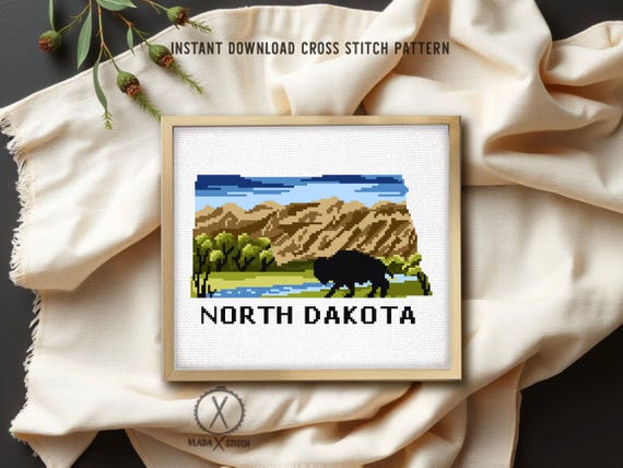 North Dakota state Modern Cross Stitch Pattern, nature, landscape, Theodore Roosevelt National Park, buffalo,  mountains, instant PDF