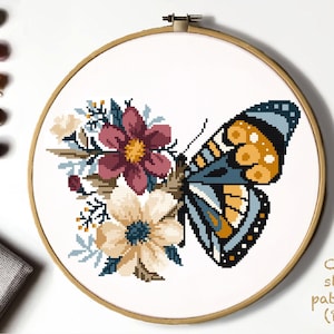 Floral butterfly Modern Cross Stitch Pattern, flowers counted cross stitch chart, insects, nature, hoop, Instant download PDF