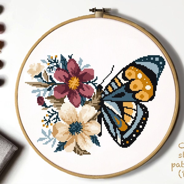 Floral butterfly Modern Cross Stitch Pattern, flowers counted cross stitch chart, insects, nature, hoop, Instant download PDF