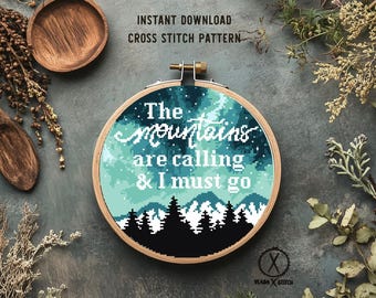 Modern Landscape Cross Stitch Pattern, Mountain Forest Nature Embroidery (PDF Download)