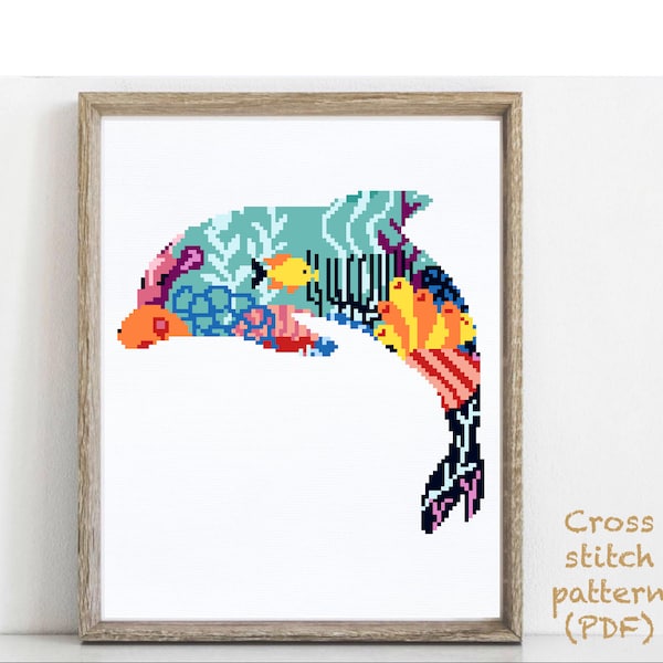 Dolphin modern Cross Stitch Pattern, sea , ocean cross stitch chart, animal cross stitch, nature, hoop art, embroidery, instant PDF