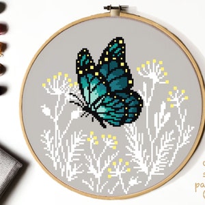 Schmetterling Moderne Kreuzstich Anleitung, einfaches Kreuzstichmuster, Insekten Kreuzstich, Natur, Blumen, Stickvorlage, sofort download PDF