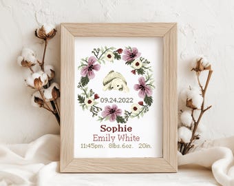 May include: A light wood frame containing a cross-stitch pattern of a floral wreath with a small rabbit in the center. The text reads 09.24.2022, Sophie, Emily White, 11:45pm, 8lbs.6oz., and 20in. The design features purple and white flowers.