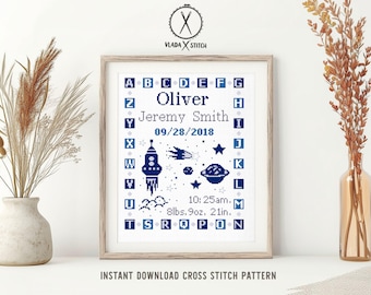 Personalized Baby Birth Stats Cross Stitch Pattern, Space Theme (Digital Download