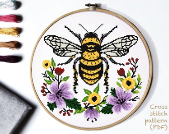 Honey bee Modern Cross Stitch Pattern, flowers wreath, insect counted cross stitch chart, nature, hoop embroidery, Instant download PDF