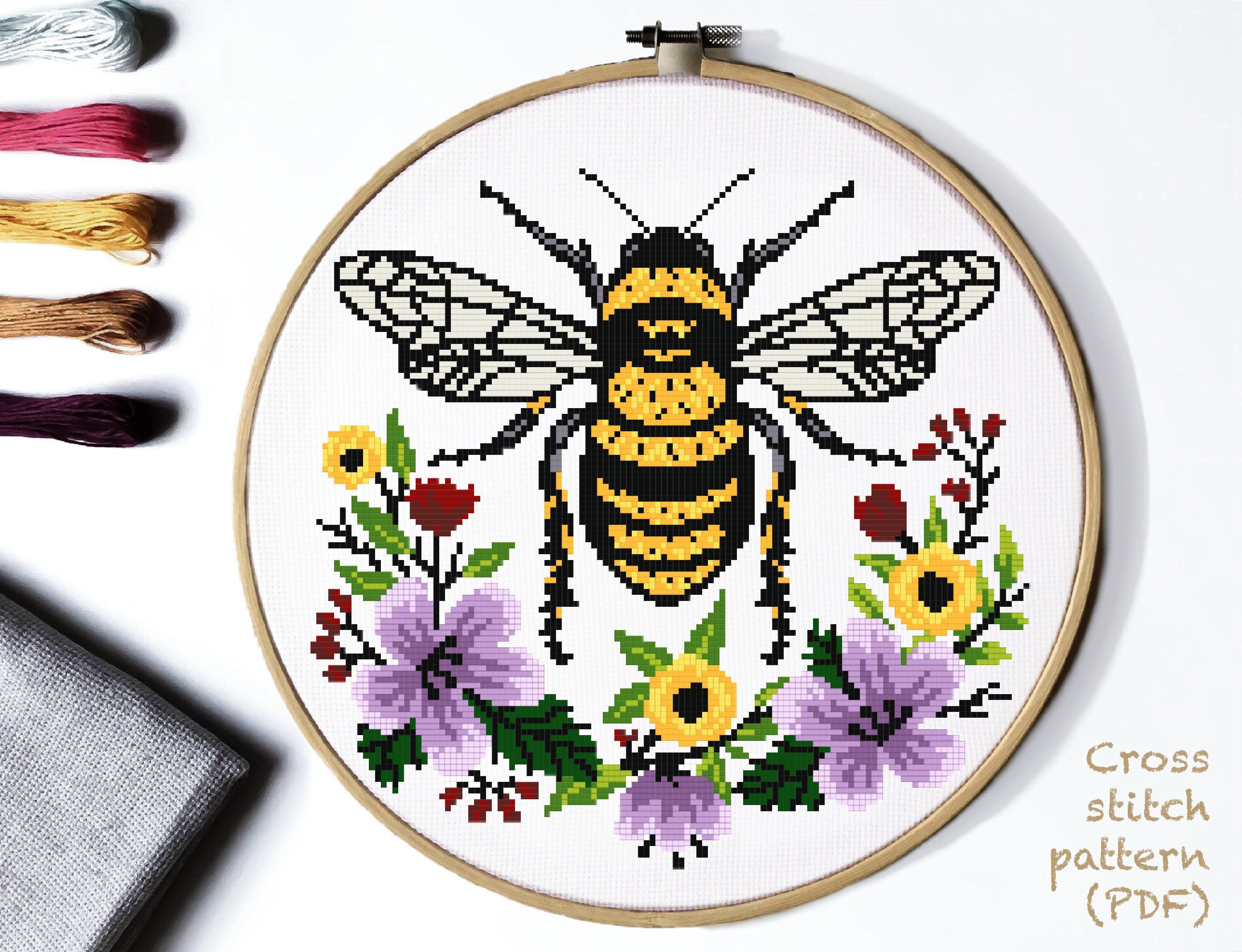Honey bee Modern Cross Stitch Pattern flowers wreath insect Etsy