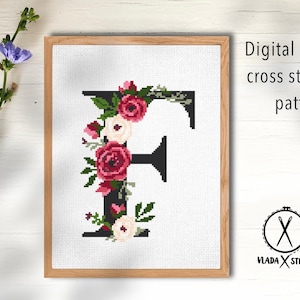 Patrón de punto de cruz moderno con flores de la letra F, gráfico de punto de cruz contado con flores, botánica, naturaleza, aro, descarga instantánea en formato PDF