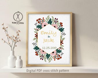 Wedding cross stitch pattern, personalized counted chart, love, anniversary, wedding gift DIY, digital PDF