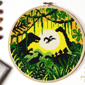 Dinosaurs Cross Stitch Pattern, tropical cross stitch, landscape, animal cross stitch ,nature, hoop art, embroidery, instant PDF