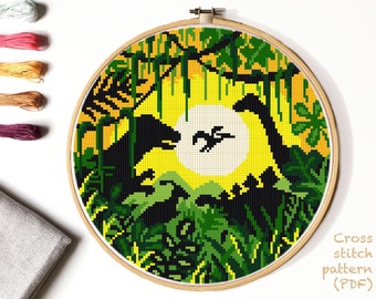 Dinosaurs Cross Stitch Pattern, tropical cross stitch, landscape, animal cross stitch ,nature, hoop art, embroidery, instant PDF