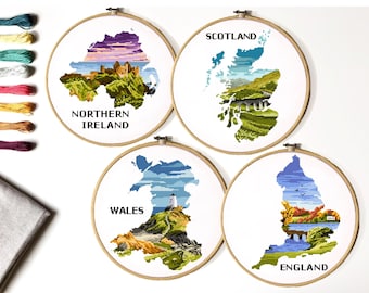 Set of 4 silhouettes United Kingdom Modern Cross Stitch Pattern, instant download PDF