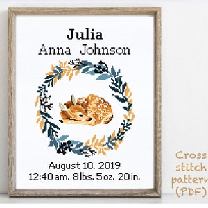 Birth announcement modern cross stitch pattern, baby, personalized, boy girl nursery decor, counted, chart, gift DIY, digital PDF