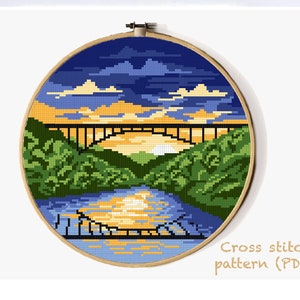 New River Gorge National Park Modern Cross Stitch Pattern, nature counted cross stitch chart, landscape, flowers, river, forest, instant PDF