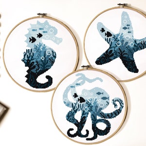 Starfish, octopus ,sea Horse Cross Stitch Pattern, sea , ocean cross stitch chart, animal cross  stitch, nature, hoop art, instant PDF