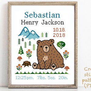 Anúncio de nascimento de bebê, padrão de ponto cruz moderno, decoração de berçário de menino e menina, gráfico de ponto cruz contado, presente de chá de bebê faça você mesmo, PDF digital
