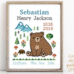 Baby birth announcement modern cross stitch pattern, boy girl nursery decor counted cross stitch chart, baby shower gift DIY, digital PDF