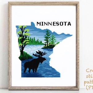 Patrón de punto de cruz moderno del estado de Minnesota, gráfico de punto de cruz contado de la naturaleza, parque nacional Voyageurs, alce, lago, bosque, PDF instantáneo