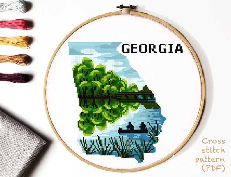 Georgia US states Modern Cross Stitch Pattern instant download PDF forest nature easy counted cross stitch chart hoop art river
