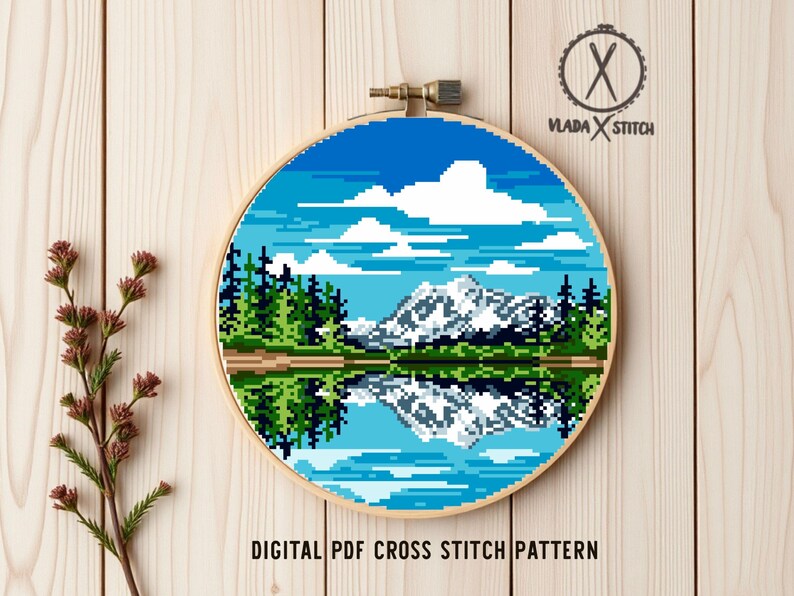 North Cascades National Park Modern Cross Stitch Pattern, mountain, lake, forest, instant download PDF image 4