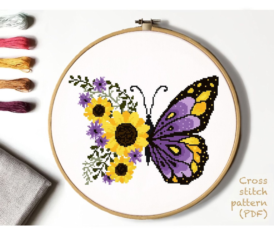 Floral Butterfly Modern Cross Stitch Pattern, Insect, Flower Counted