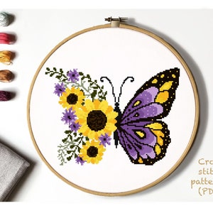 Bloemen vlinder modern kruissteekpatroon, insect, bloem geteld kruissteekkaart, botanisch, natuur, hoepel, pdf-direct te downloaden