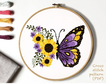 Floral butterfly Modern Cross Stitch Pattern, insect, flower counted cross stitch chart, botanical, nature, hoop, Instant download PDF