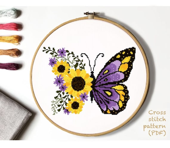 Floral Butterfly Modern Cross Stitch Pattern, Insect, Flower