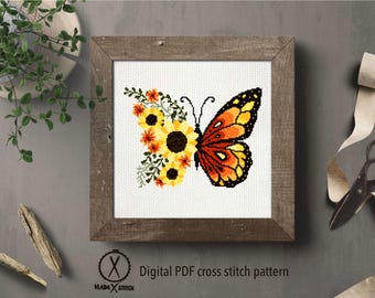 Butterfly Sunflower Cross Stitch Pattern, Floral Insect Embroidery Design (PDF Download)