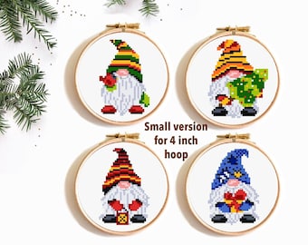 May include: Four cross-stitch patterns of gnomes in different colors and poses. The patterns are designed for a 4 inch hoop.  Small version for 4 inch hoop.