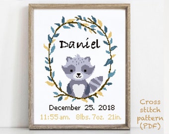 Baby birth announcement modern cross stitch pattern, boy girl nursery decor counted cross stitch chart, baby shower gift DIY, digital PDF