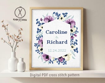 Schema per punto croce per matrimonio, ghirlanda floreale personalizzata, anniversario, regalo di nozze fai da te, PDF digitale