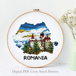 Patrón de punto de cruz moderno con silueta de Rumania, país, naturaleza, gráfico de punto de cruz fácil, montaña, descarga instantánea en PDF