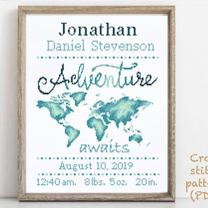 Patrón de punto de cruz moderno para anuncio de nacimiento de bebé, gráfico de punto de cruz contado para decoración de guardería de niño y niña, regalo de baby shower DIY, PDF digital