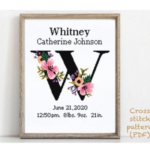 Patrón de punto de cruz moderno para anuncio de nacimiento de la letra W, bebé, personalizado, decoración de guardería para niño y niña, contado, gráfico, regalo DIY, PDF digital