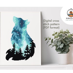 Fox Cross Stitch Pattern, forest cross stitch, landscape cross stitch,night sky, animals  cross stitch, embroidery, instant PDF