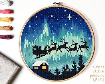 Northern Lights Modern Cross Stitch Pattern, Christmas cross stitch chart, forest ,nature, round, embroidery, INSTANT DOWNLOAD PDF