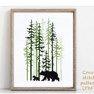 Bear Modern Cross Stitch Pattern, landscape, nature easy counted cross stitch chart, animals, forest, hoop art, instant download PDF image 1