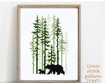 Bear  Modern Cross Stitch Pattern, landscape, nature easy counted cross stitch chart, animals, forest, hoop art, instant download PDF