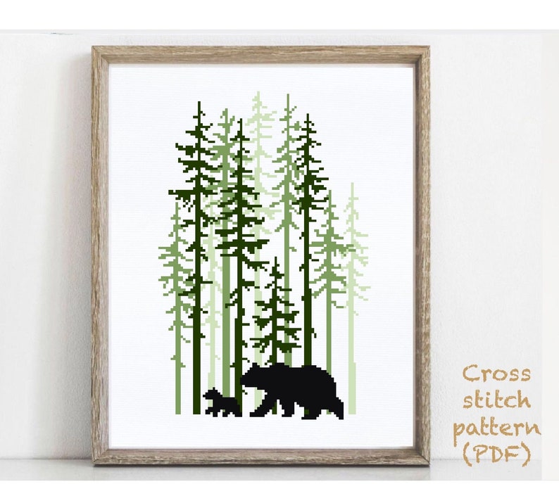 Bear Modern Cross Stitch Pattern, landscape, nature easy counted cross stitch chart, animals, forest, hoop art, instant download PDF image 1