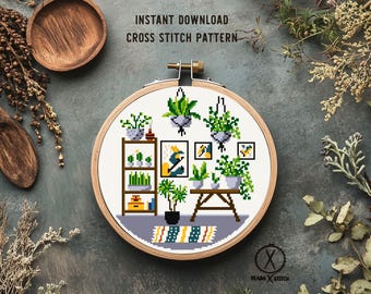 Plants Modern Cross Stitch Pattern, flower, botanical, nature, hoop, Instant download PDF