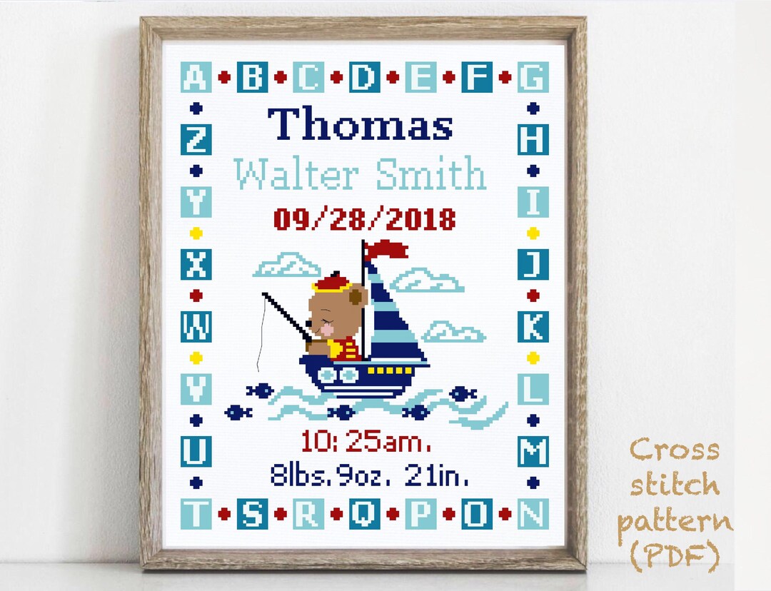 Baby Birth Announcement Modern Cross Stitch Pattern, Boy Girl Nursery