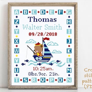 Patrón de punto de cruz moderno para anuncio de nacimiento de bebé, gráfico de punto de cruz contado para decoración de guardería de niño y niña, regalo de baby shower DIY, PDF digital