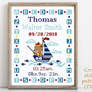 Baby birth announcement modern cross stitch pattern, boy girl nursery decor counted cross stitch chart, baby shower gift DIY, digital PDF