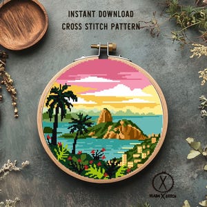 ブラジル、リオデジャネイロのモダンなクロスステッチパターン、シュガーローフ、パオ・デ・アスカルのクロスステッチ、海、自然、刺繍、PDFの即時ダウンロード